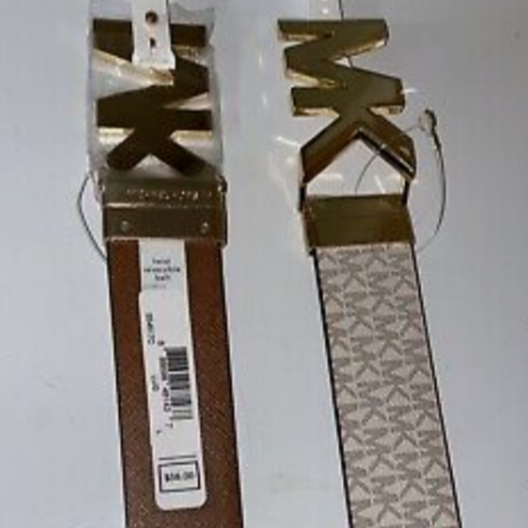 MICHAEL KORS BELT VANILLA PRINTED MK LOGO WITH GOLD MK LOGO BUCKLE - Picture 6 of 9